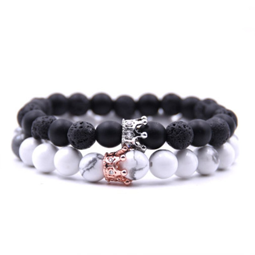 Pulsera de pareja de ajustable de piedra volcánica de mármol Scrub Beads Crown Bangles para Mujeres Hombres joyería con caja negra