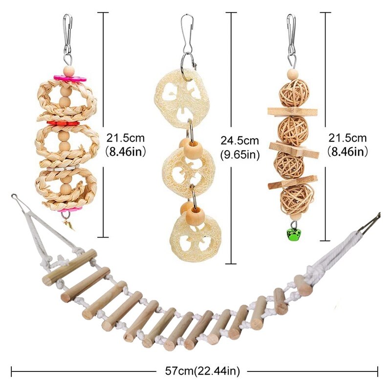 Prácticas 8 paquetes pájaro loro columpio juguete colgante, timbre de madera Natural jaula de pájaro Juguetes Para loros, periquitos, cacatúa, periquito