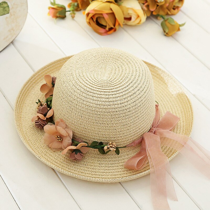 HSS Novo Guirlanda de flores Chapéus De Palha Senhora praia verão Chapéu chapéu de Sol Das Mulheres 2018 Moda Viagem Arco Chapéus: Beige