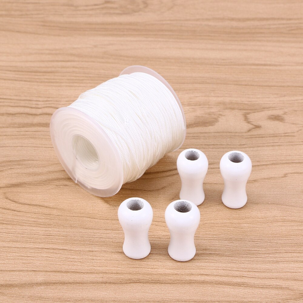 50M White Braided Lift Shade Cord Polyester Rope with 4 White Wood Pendant for Aluminum Blind Shade