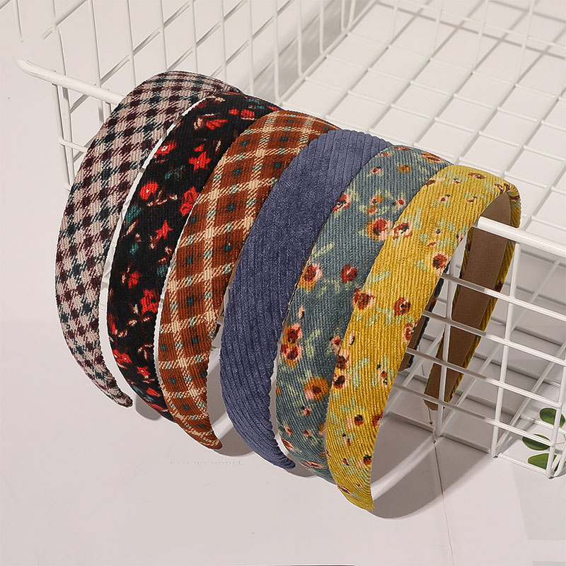 1Pc Corduroy Vrouwen Hoofdband Plaid Gestreepte Bloemen Printing Brede Hoofdband Vintage Stretch Tulband Haarband Vrouwelijke Hoofd Hoepel