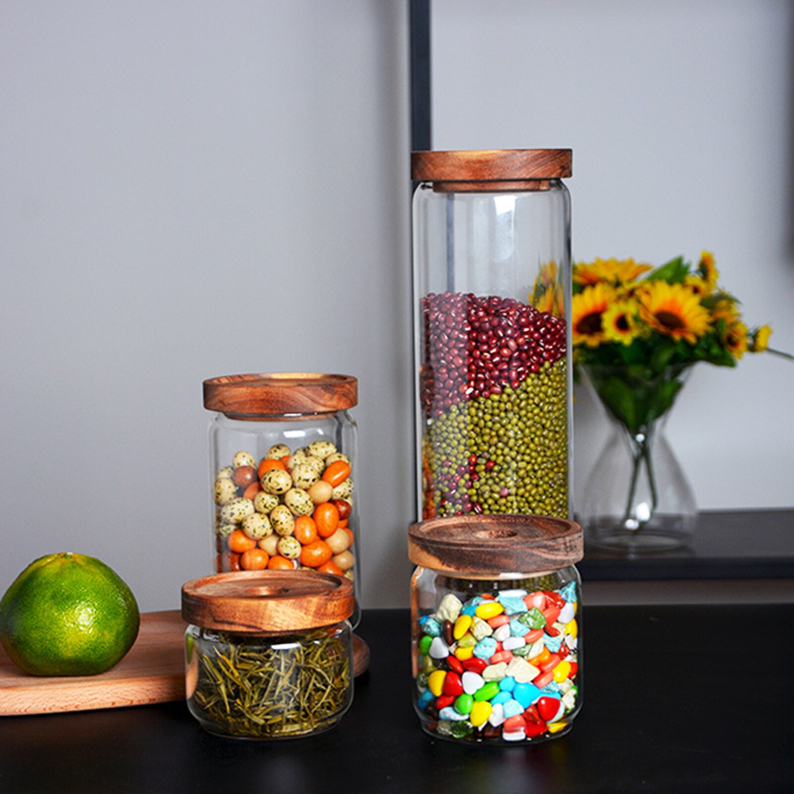 Bouteille hermétique en verre avec couvercle en bois thé Grains de café Grains récipient de nourriture