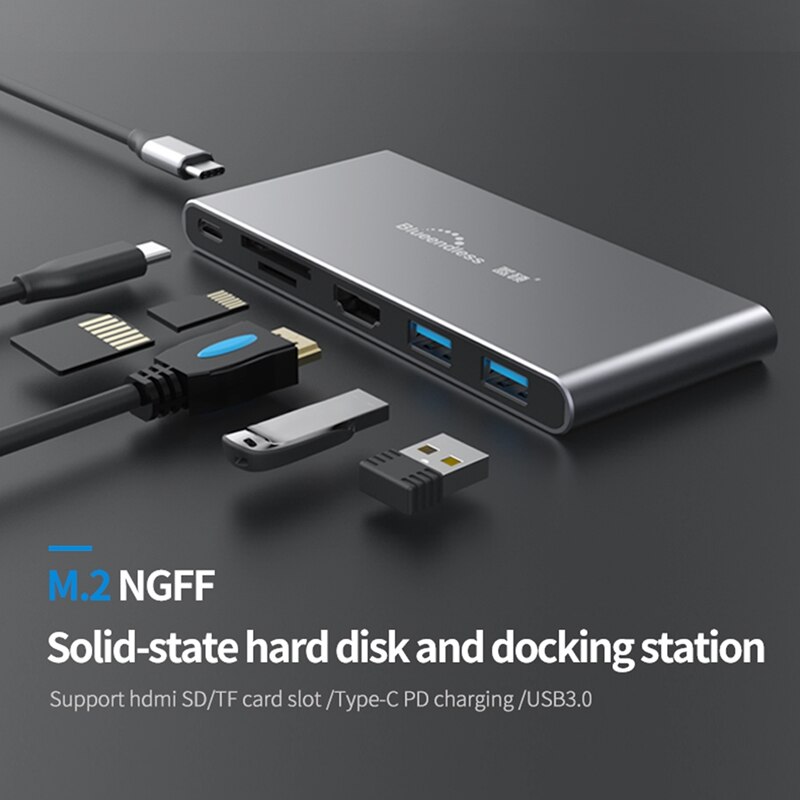 Blueendless M.2 Ngff Ssd Case Usb C Hub Type C + Pd + USB3.0 + Hdmi-Compatibel Docking Station ssd Behuizing Voor Pro Laptop