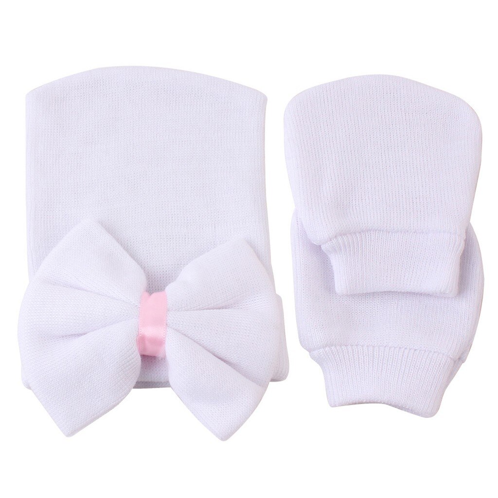 2pcs Boys Winter Hat Glove Newborn Bowknot Stripe Hat Baby Cotton Blend Beanies With 1pair Safety Gloves Теплая Шапка На Девочку: C