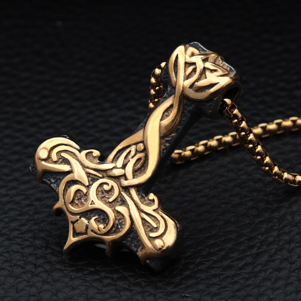 Golden Vintage Vikings Thor Hammer Pendant Stainless Steel Celtic Knot Biker Necklace For Men Amulet Jewelry