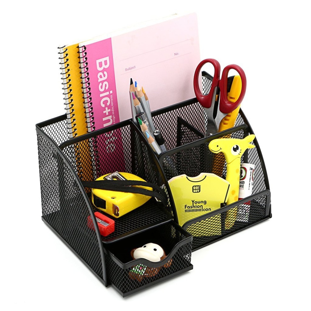Mesh Office Desk Organizer with 6 Compartments + Drawer | The Mesh Collection, Black