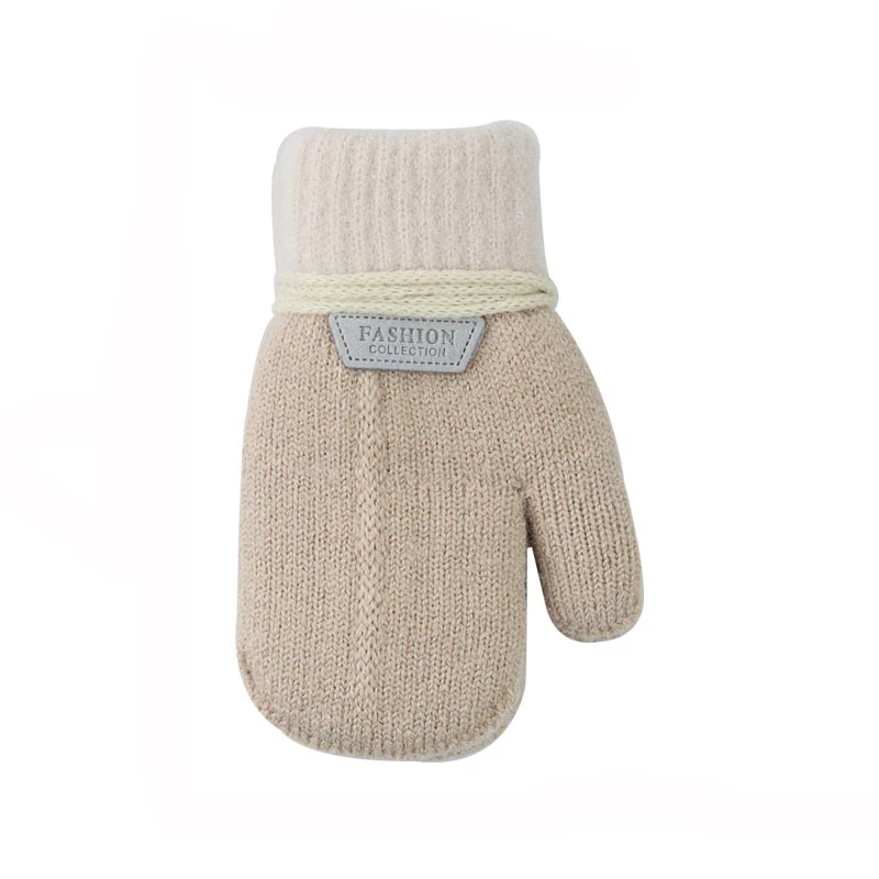 Children's Gloves Winter Solid Thicken Plus Velvet Halter Gloves For Kids Toddler Outdoor Keep Warm Knitted Mittens With Rope: SKY BLUE / S