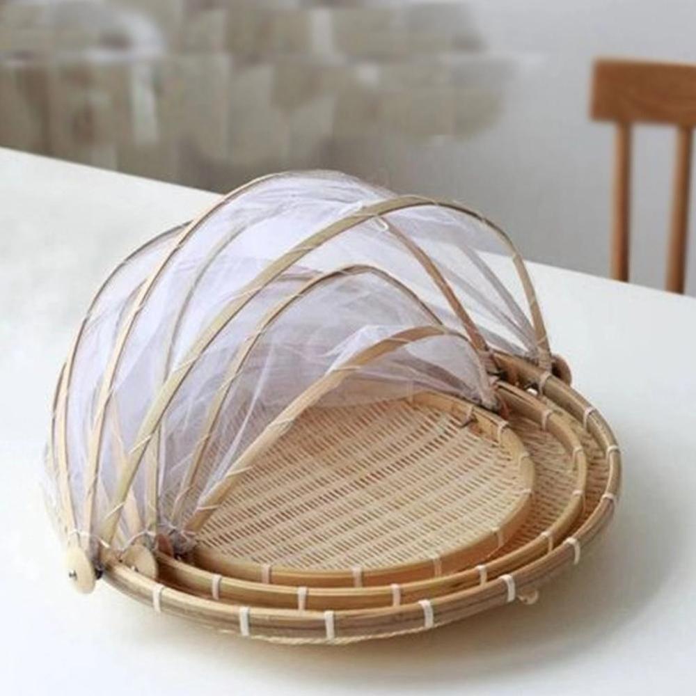 Hand-woven Bamboo Insect-Proof Dust-Proof Basket Picnic Round Dustpan Vegetable Fruit Bread Mesh Gauze Cover Basket