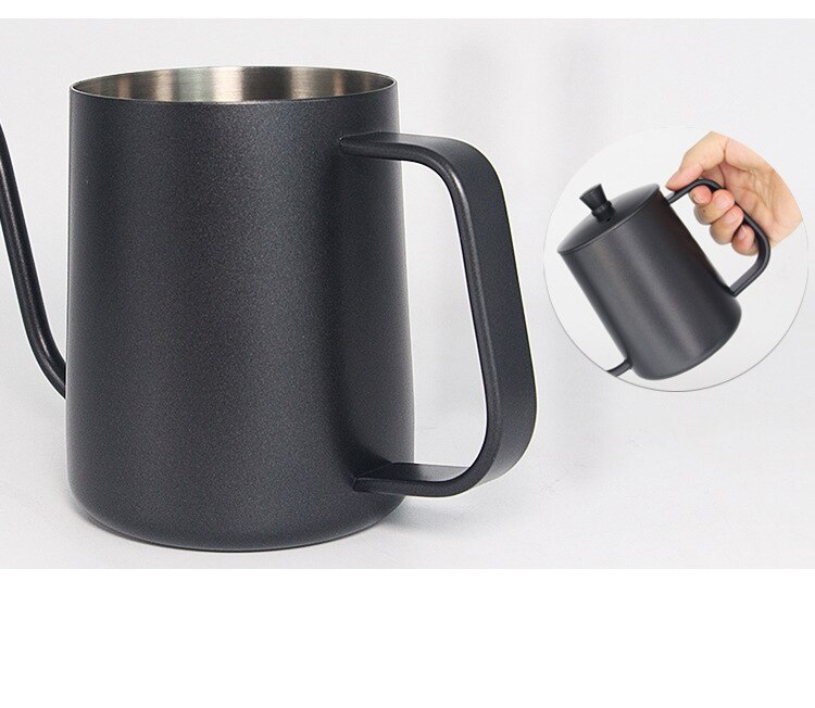 Straight Hand Punch Pot 600ml Black Teflon Steel Handle 304 Stainless Steel Fine Mouth Pot Coffee Matching Special Pot