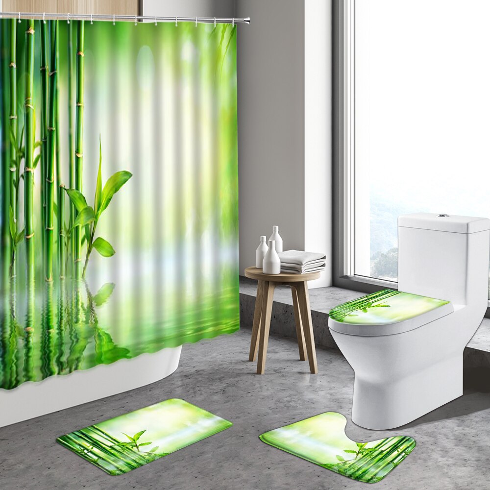 4pcs Zen Stone Shower Curtain Green Bamboo Orchid Flower Plants Anti-Slip Bath Mats Toilet Lid Cover Bathroom Decor Carpet Rugs: 7520J -4pcs set
