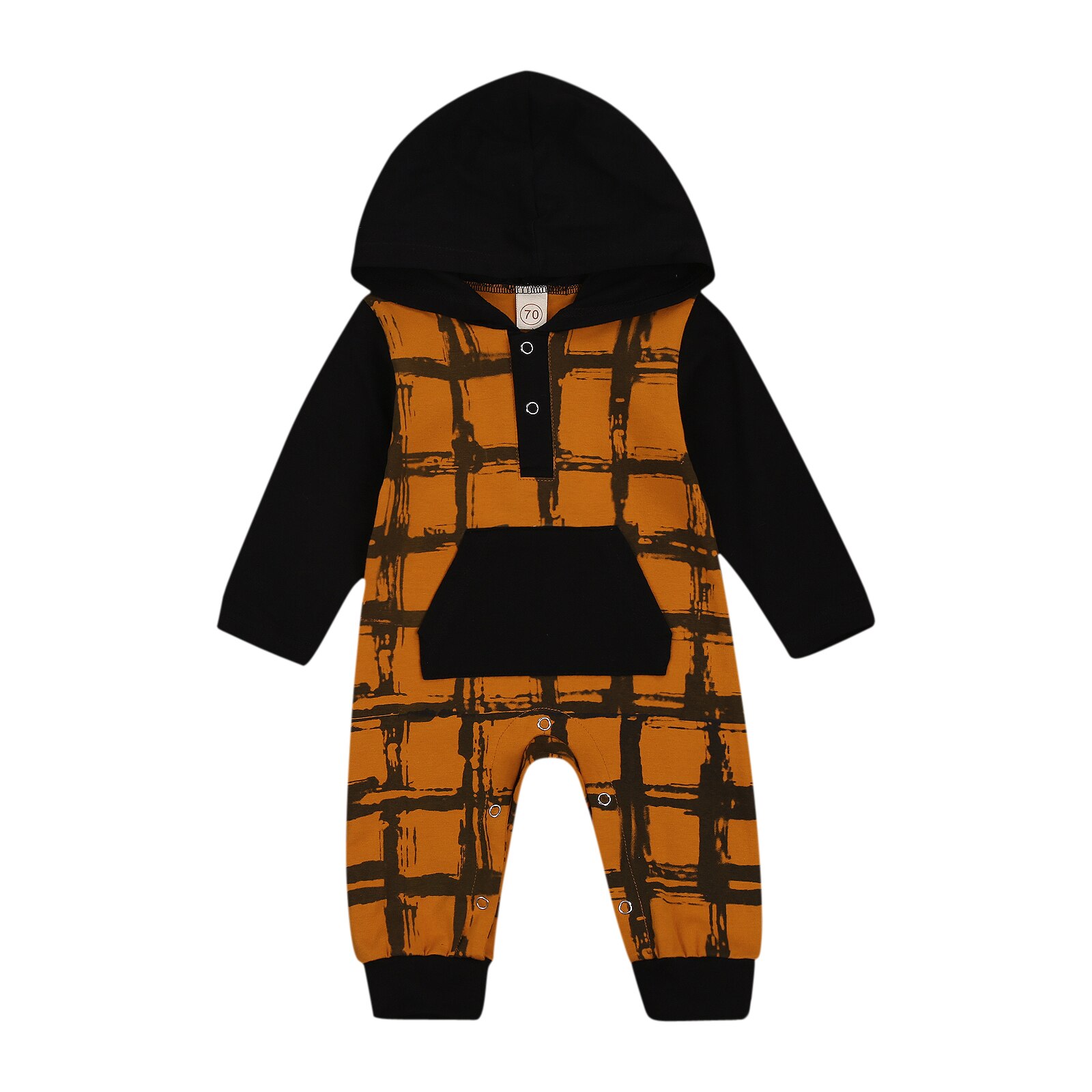 0-24M Baby Jongen Meisje Hooded Jumpsuit Lange Mouwen Plaid Print Button Een Stuk Romper Met Pocket: B / 6m