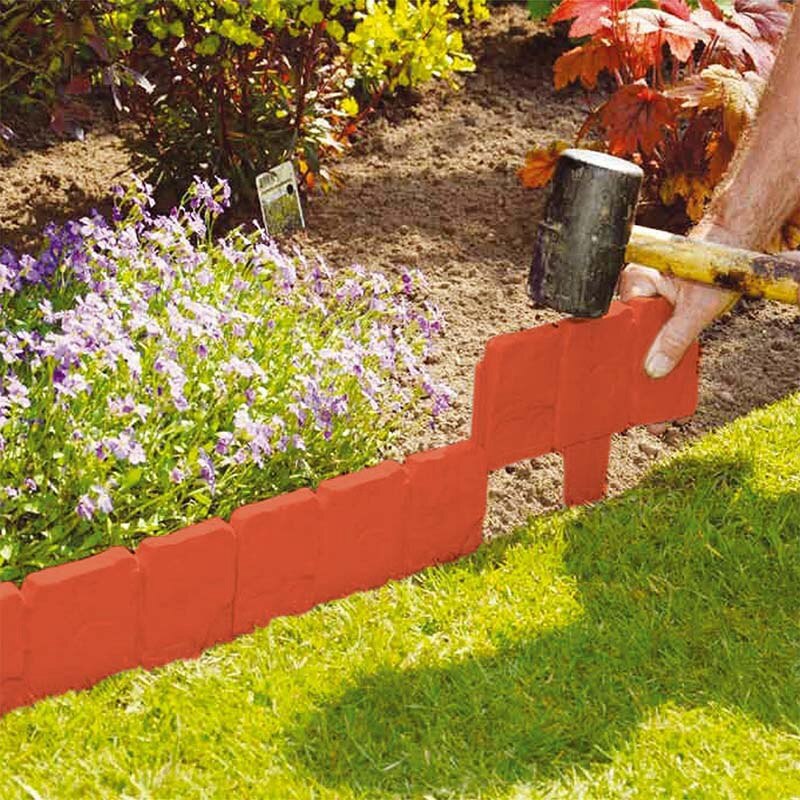 CSS 10Pc Orange Red Garden Fence Edging Cobbled Stone Effect PP Lawn Edging Plant Border Decorations Flower Bed Border: Default Title