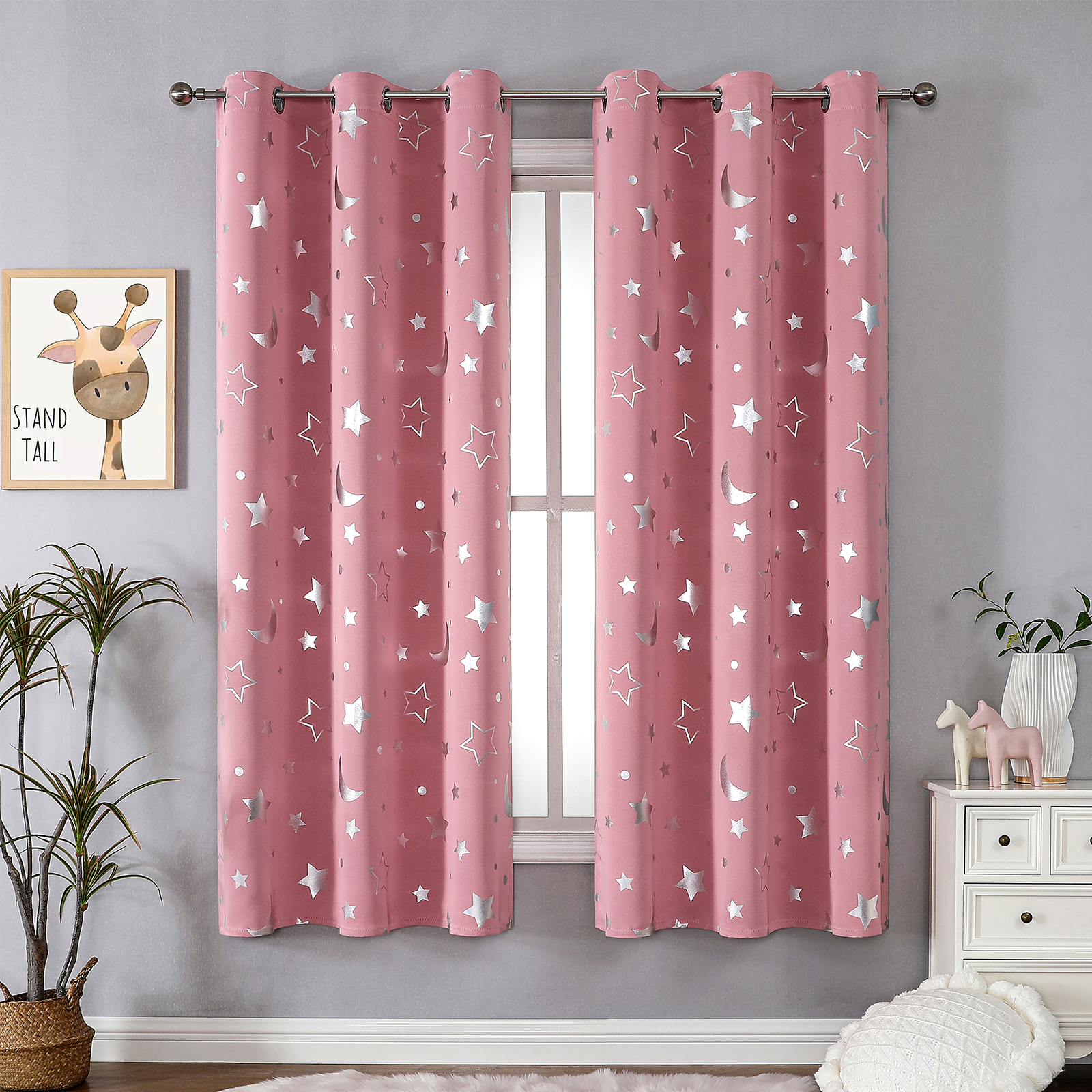 Cortinas oscurecedoras para habitación con estrella plateada y Luna para niños, dormitorio de guardería, cortina opaca para niños, cortinas aislantes térmicas con ojales: 1 x 1,2 / Borgoña