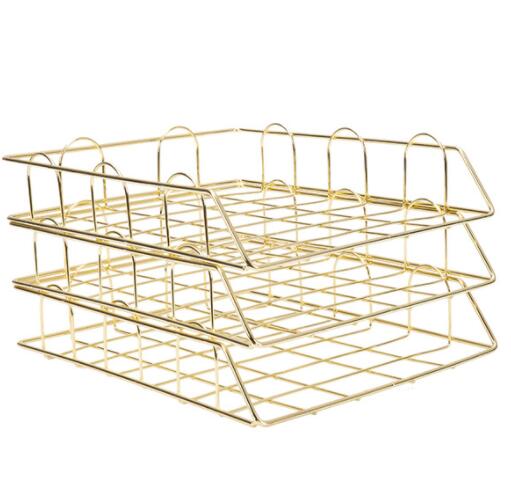 Gold Metal File Tray Desk Accessorie Magazine Holder Handmade Overlayabl File Office Organizer Layering Paper Storage Paper Tray: 3 tray Light Gold