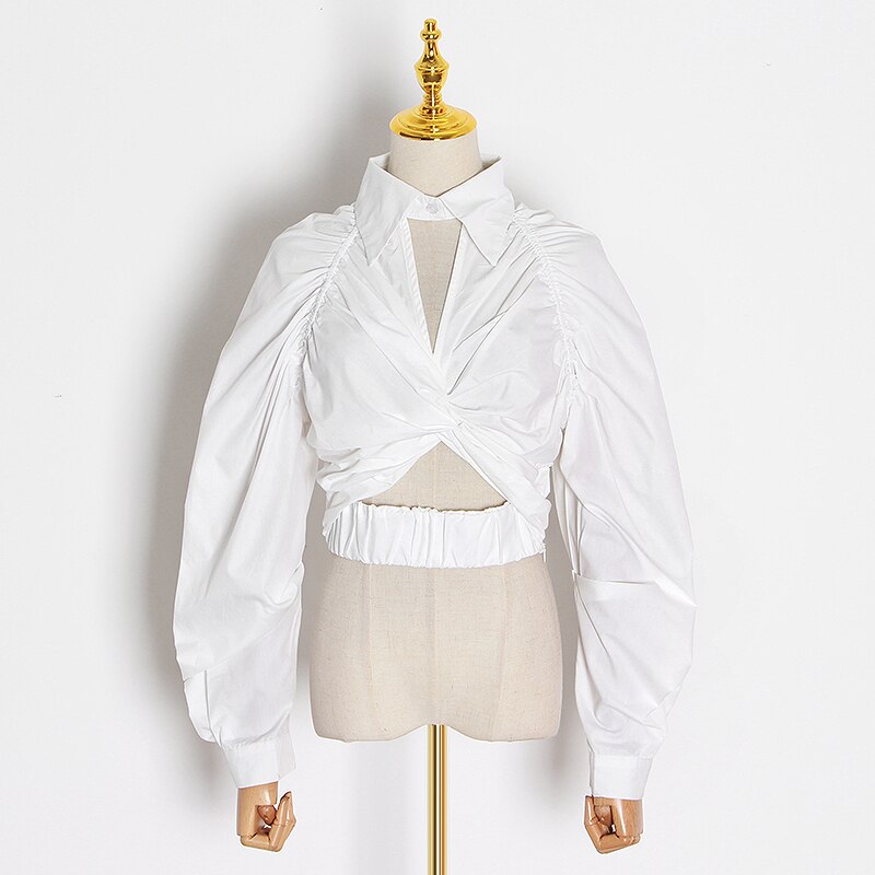 TWOTWINSTYLE-Blusa fruncida informal para mujer, blusa con cuello de solapa y manga larga, camisa corta calada, ropa para mujer: white / S