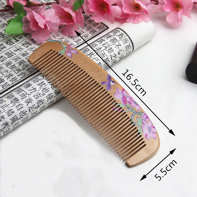 1Pcs Peach Wood Comb Flower Painted Anti-Static Natural Head Massage Comb Handmade Wooden Hair Comb Hair Styling Tools For: NO.2