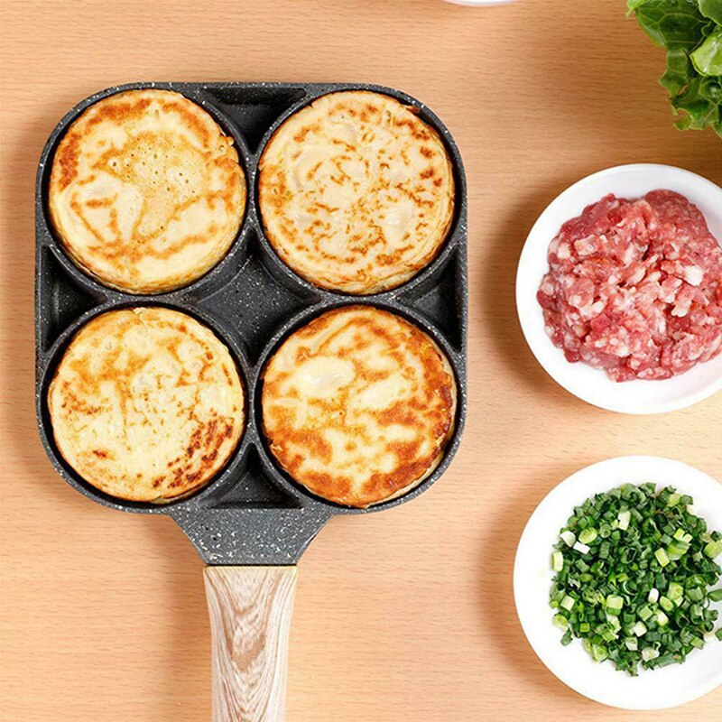 4 Gat Gebakken Ei Burger Pan Non-stick Ham Pannenkoek Maker Houten Handvat Geschikt Voor Gasfornuis En Inductie fornuis Keuken Gereedschap