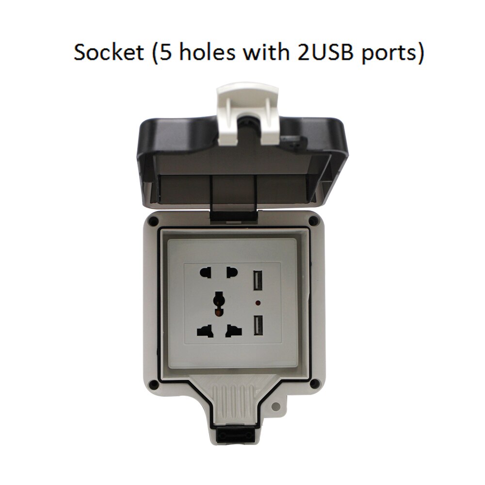 IP66 3/5 Gaten multifunctionele Universele Waterdichte Outdoor Stopcontact Met 2USB Poorten 10A Stopcontact Geaard: 5 hole socket( 2usb)