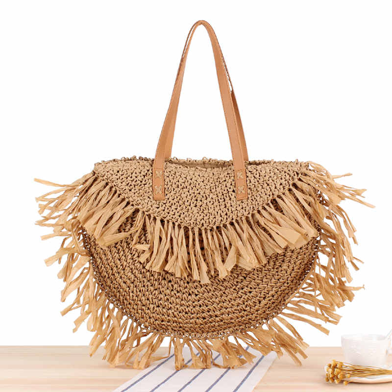 Bohemien Runde Quaste Frauen Stroh Tasche Spitze Papier Rattan Schulter Beutel Große Beiläufige Handtaschen Sommer Strand gewebte Geldbörsen: Braun