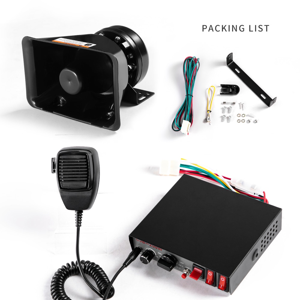 YHAAVALE Car Horn Loudspeaker 12V Police Siren 200W 9 Tones PA Warning System With Handheld Microphone & Loud Speaker CJB100P