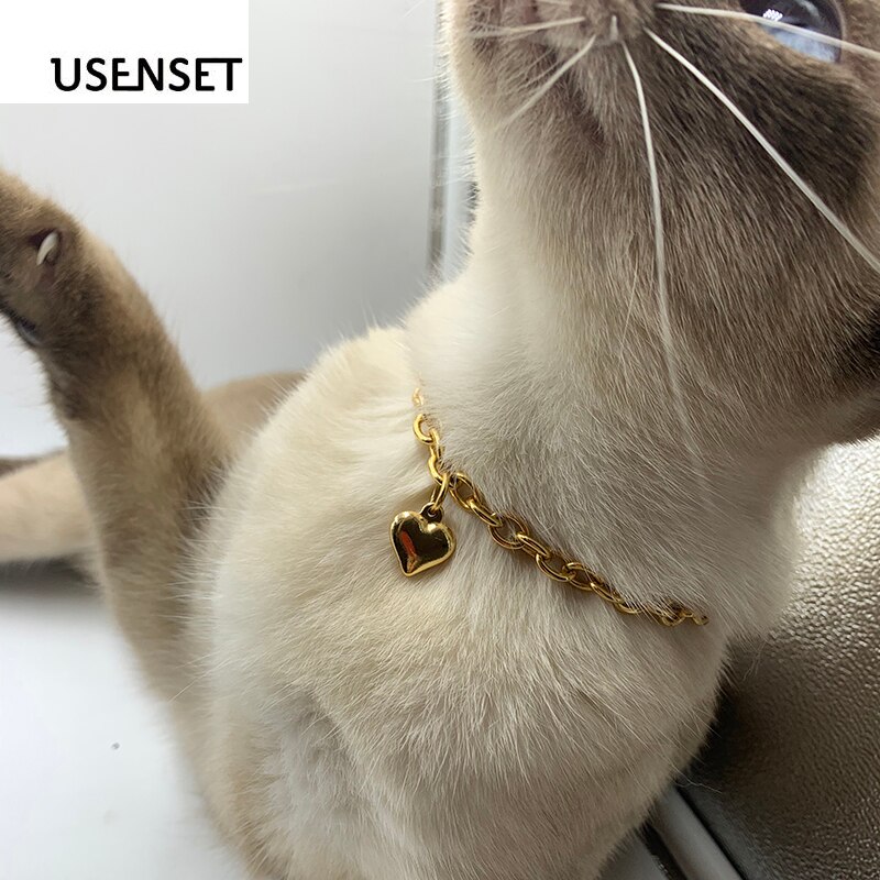 USENSET Charm Necklace 6mm Gold color Heart Collar Chain for Pet Dog& Cat Jewelry Stainless Steel Necklace Decoration