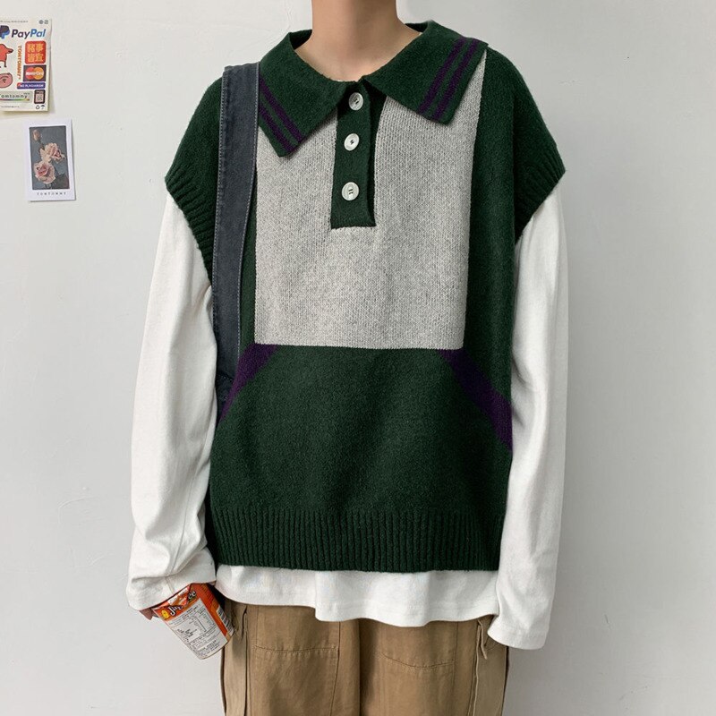 Efterår koreansk sweater vest herre hit farve casual strikket pullover herre streetwear løs herre vest strikke sweatere