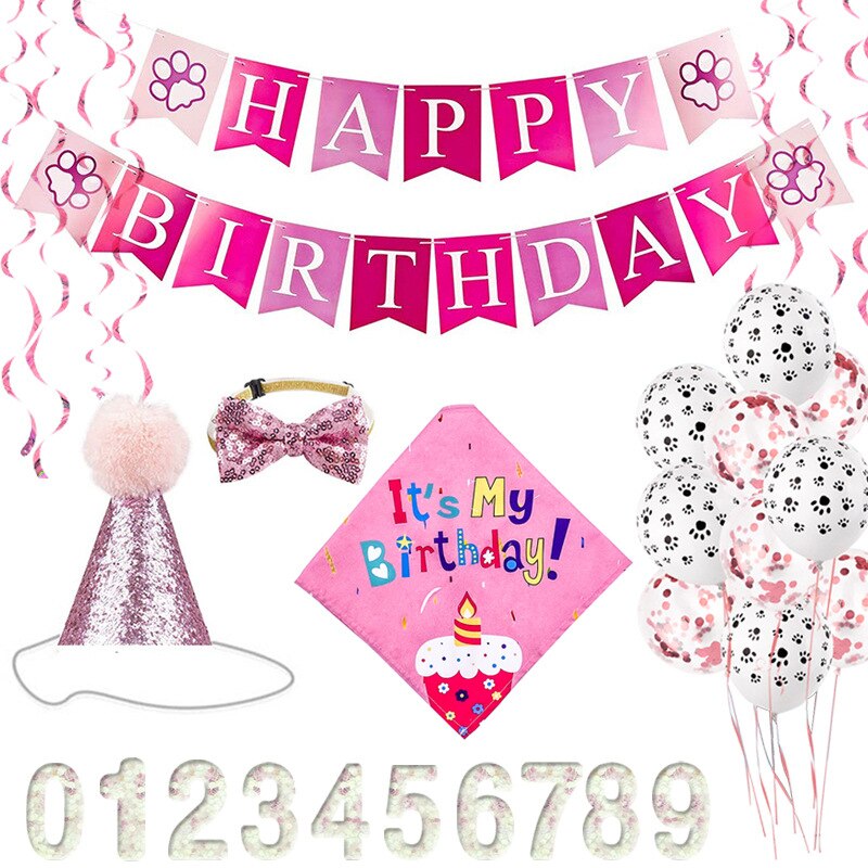 Handmade Dog Birthday Bandana Set Party Pet Pull Flag Triangle Scarf Cake Hat Decoration for DIY Pet Party Supplies: Pink set 4