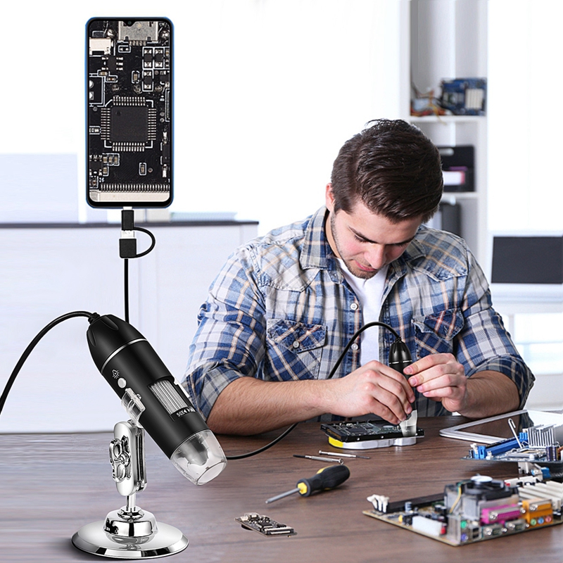 Cámara microscópica Digital 1600X 3 en 1 con soporte microscopio electrónico portátil para soldar lupa LED tipo C USB Android