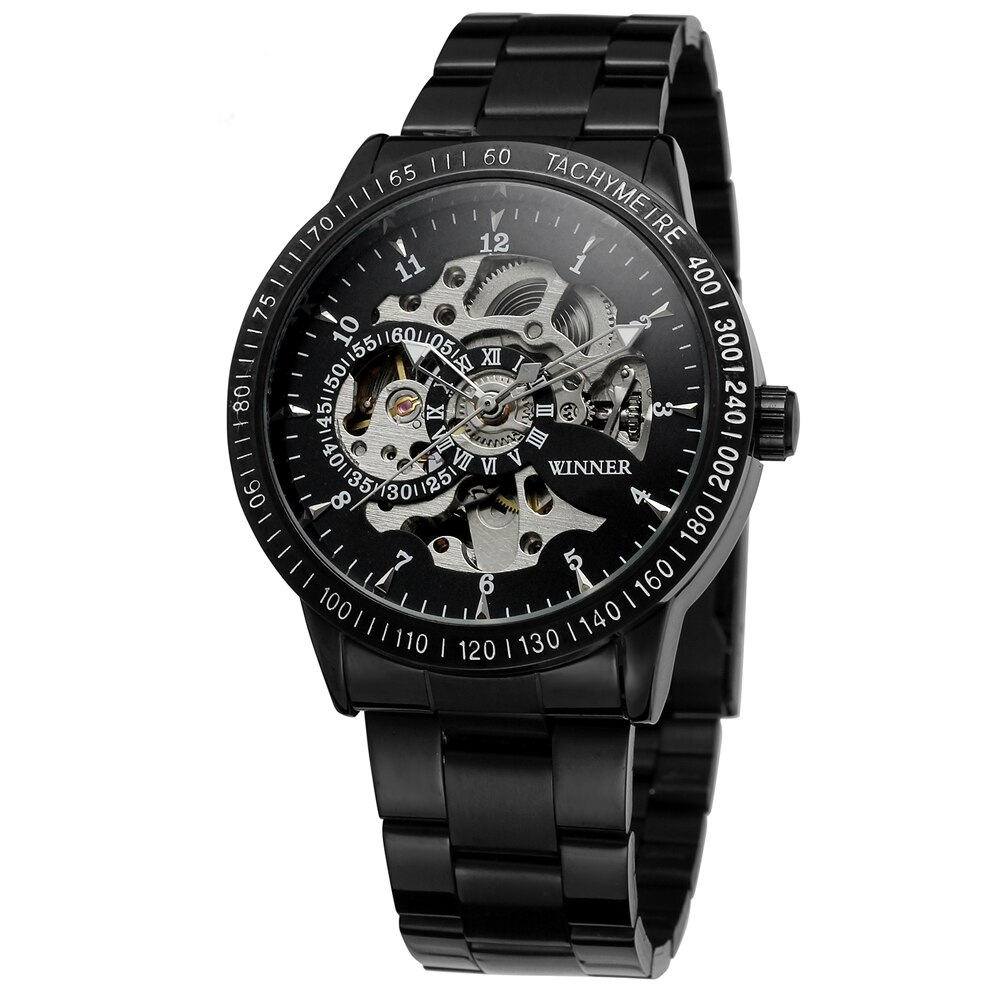 Winnaar Horloges Mannen Beroemde Top Mechanische Horloges Black Roestvrij Stalen Band Automatic Skeleton Horloges Mannelijke Klokken