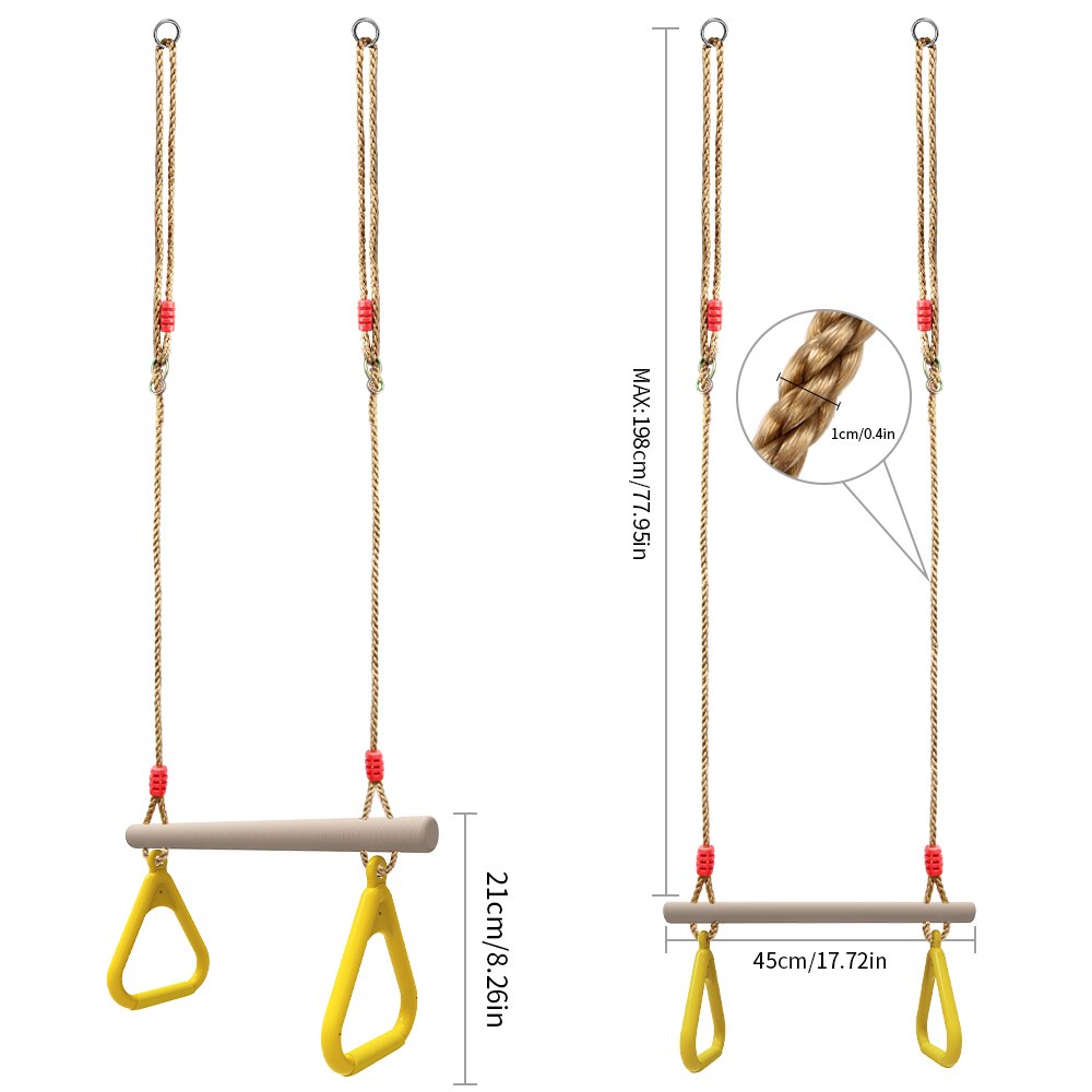 Children Wooden Trapeze Swing Bar Multifunction Gymnastic Rings with Plastic Gym Rings, Wooden Playset & Locking Carabine