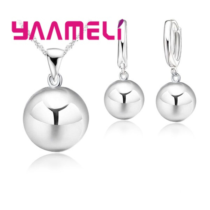 Jewelry Sets for Wedding Engagement 925 Silver Color 12MM Smooth Ball Round Metal Stone Necklaces Earrings Anniversary: Light Yellow Gold Color