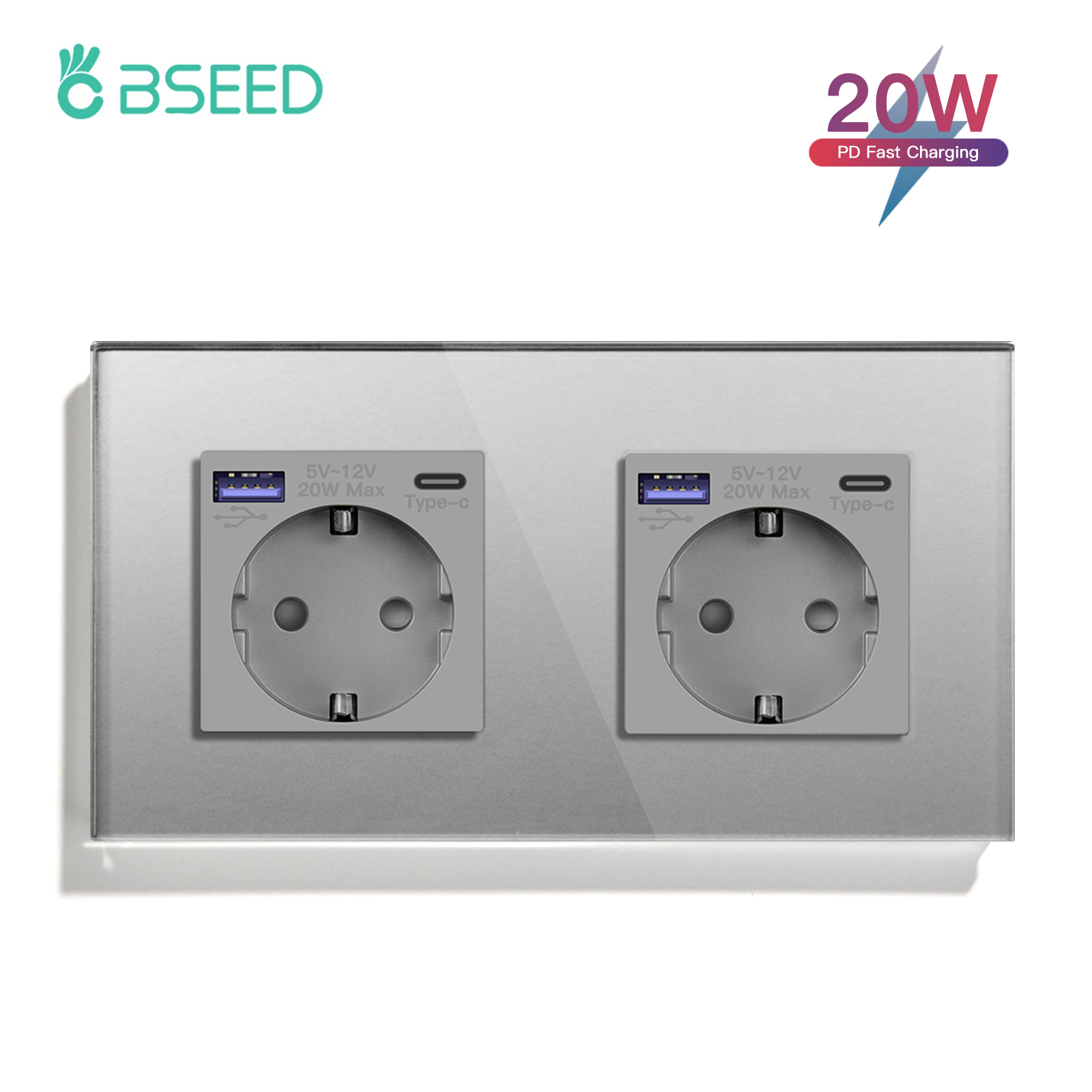 BSEED-Prise murale double standard UE, panneau en verre cristal, 3 couleurs, blanc, noir, doré, 16A, 110V-240V: Type10