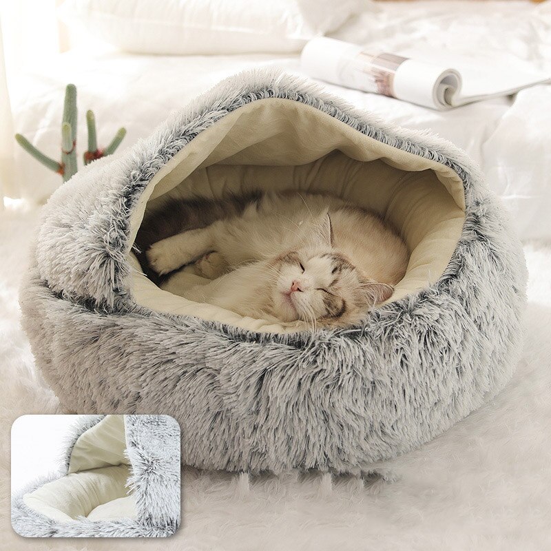Pluche warme kattengrotbed met capuchon, knus zacht pluche hondenbed, zelfverwarmend knuffelbed, slaapbednest voor honden, katten en puppy's: Grijs / 40cm