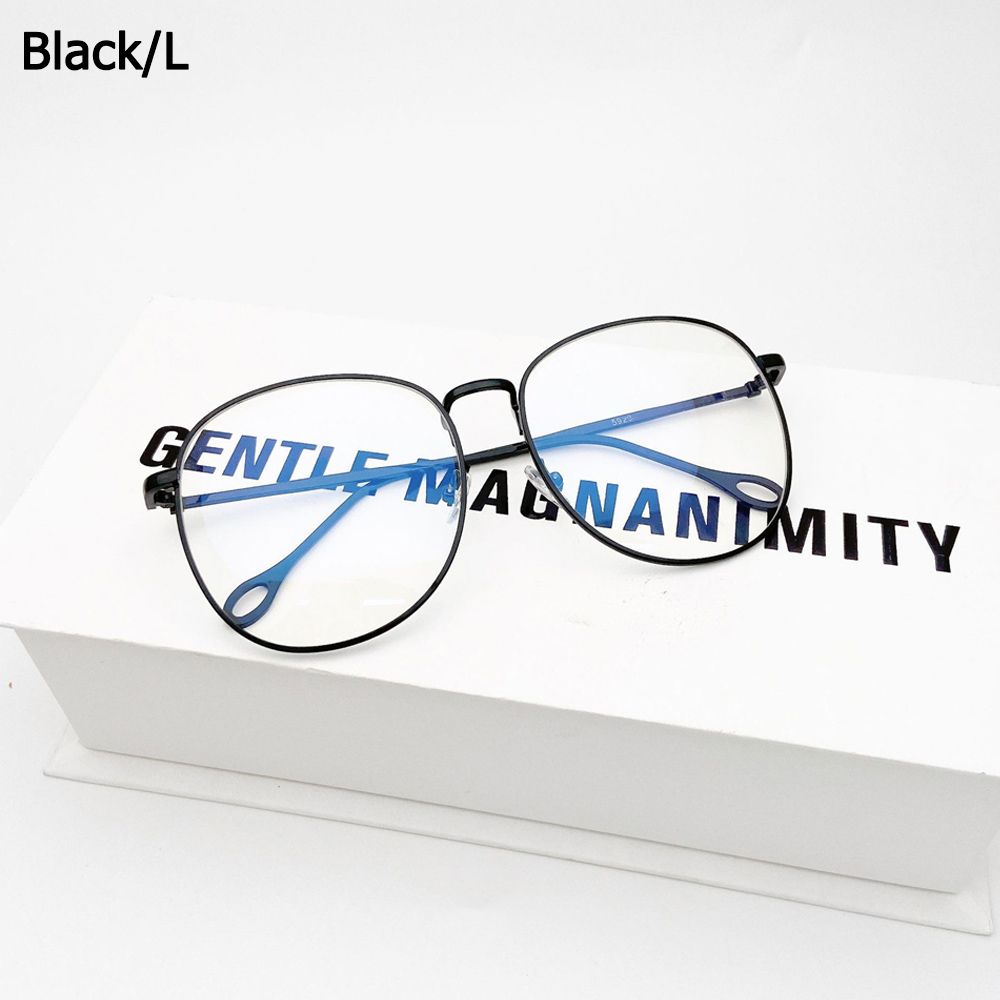 Unisex Big Round Frame Glasses Metal Fram Eyeglasses Women Men Retro Optical Glasses Flat Mirror Eyewear: black-L