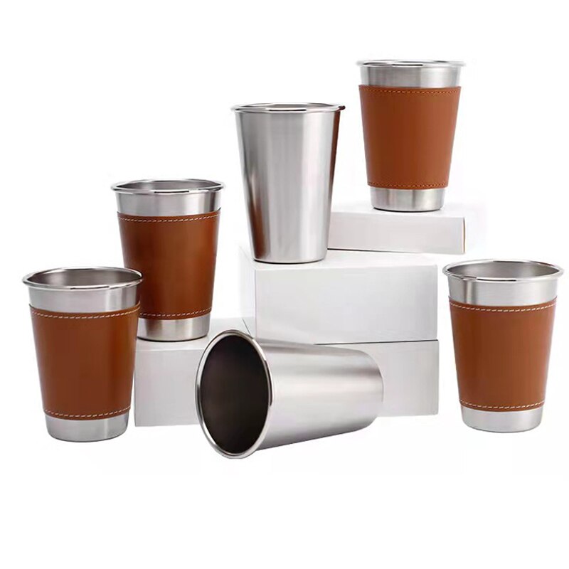 4 Stks/partij 10-16Oz Outdoor Camping Servies Reizen Cups Set Rvs Leather Case Drinken Glazen Beer Cup koud Drankje Cup