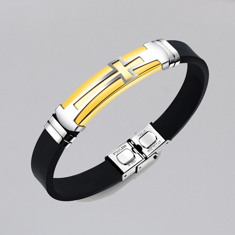 Classical Men Bracelets Christian Black Silicone Bracelet 3 Colors Stainless Steel Cross Clasp Wristband Male Jewelry Accesories