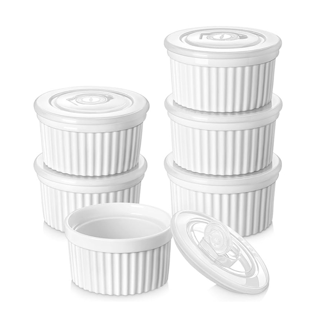 6pcs Baking Bowl 8 Oz Ramekin Porcelain with Lid Dessert Cup White High Temperature Resistant Pudding Cup Dishwasher: black