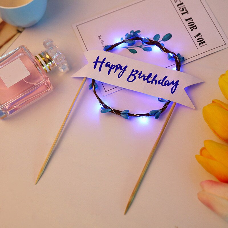 LED Glowing Flower Wreath Cake Topper Happy Birthday Cake Decor for Birthday Party Gold Leaves Cake Toppers