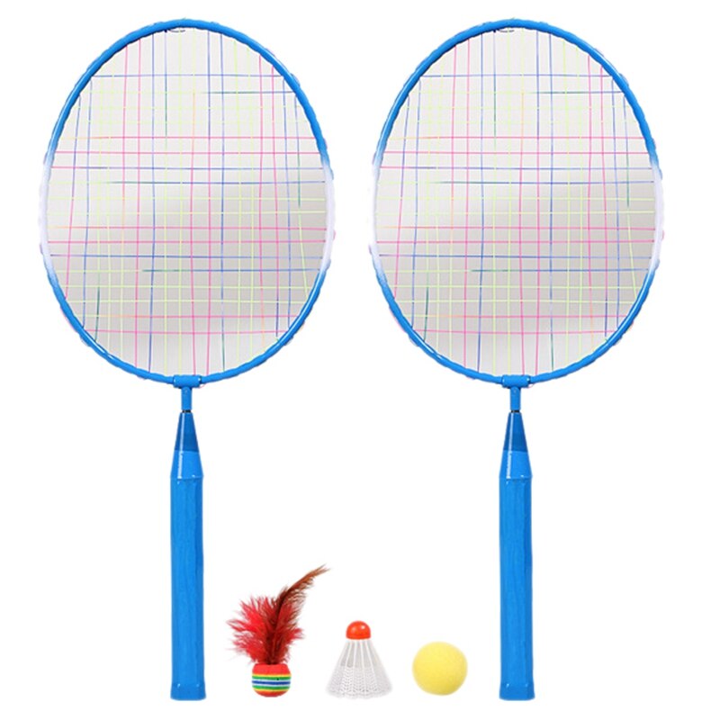 2 spillere badminton ketcher kugle, bærbar farvet plaid holdbar nylon legering badminton ketsjer 3 kugler til børn træning: Blå
