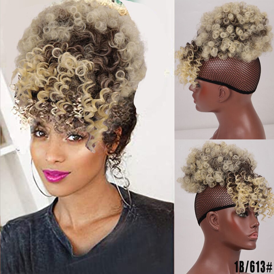 LUPU Synthetic Hair Bun High Puff Afro Kinky Curly Chignon Clip In Hair Extension Drawstring Ponytail With Bangs Heat Resistant: 1BT613