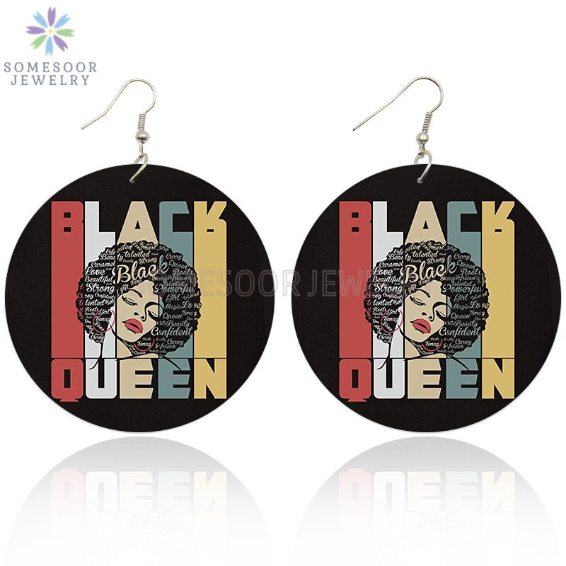 SOMESOOR Natural Black Hair Blessed Woman African Wooden Earrings Strong Educated Queen Afro Sayings Dangle For Women: Both Sides Print 3