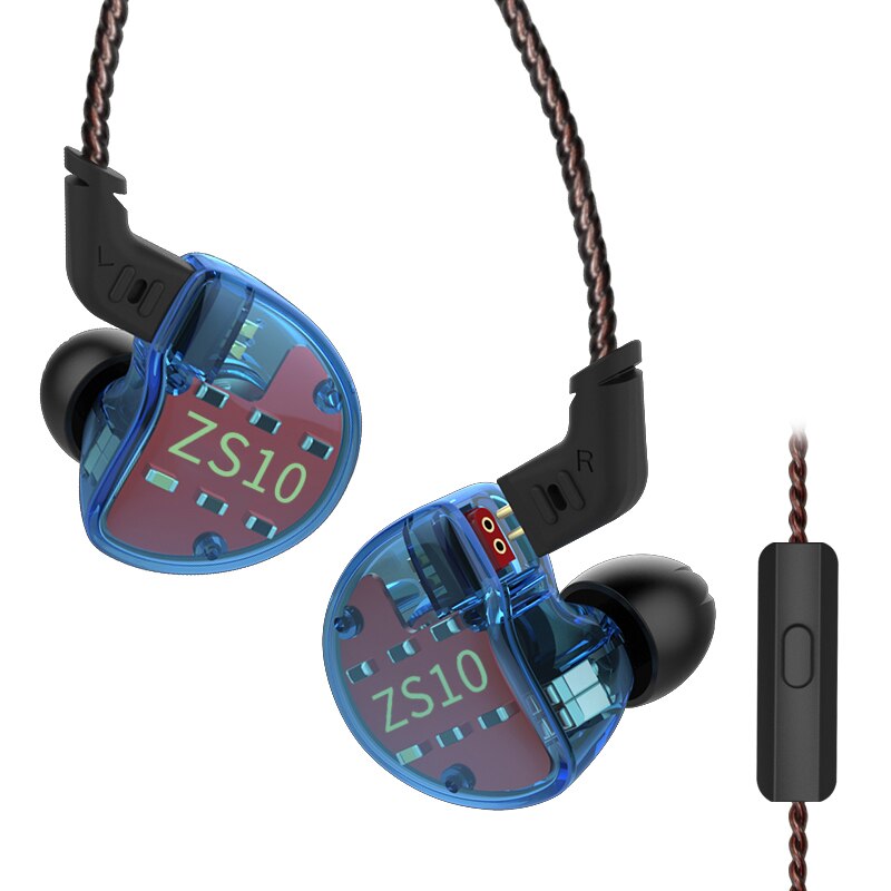 KZ ZS10 4BA+1DD Hybrid In Ear Earphone HiFi Earphone Earplug Headset Earbud Noise Cancelling DJ Earphone AS10 ZST: blue with mic