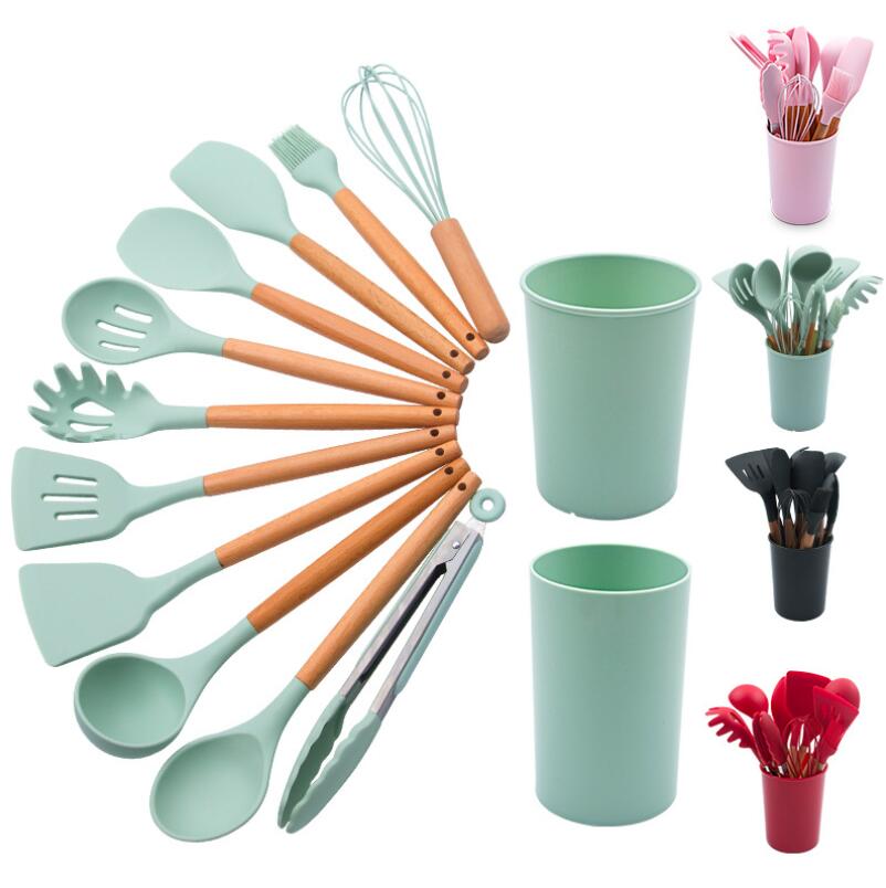 12pc/set Cooking Tools Set Premium Silicone Kitchen Cooking Utensils Set with Storage Box Turner Tongs Spatula Soup Spoon K001