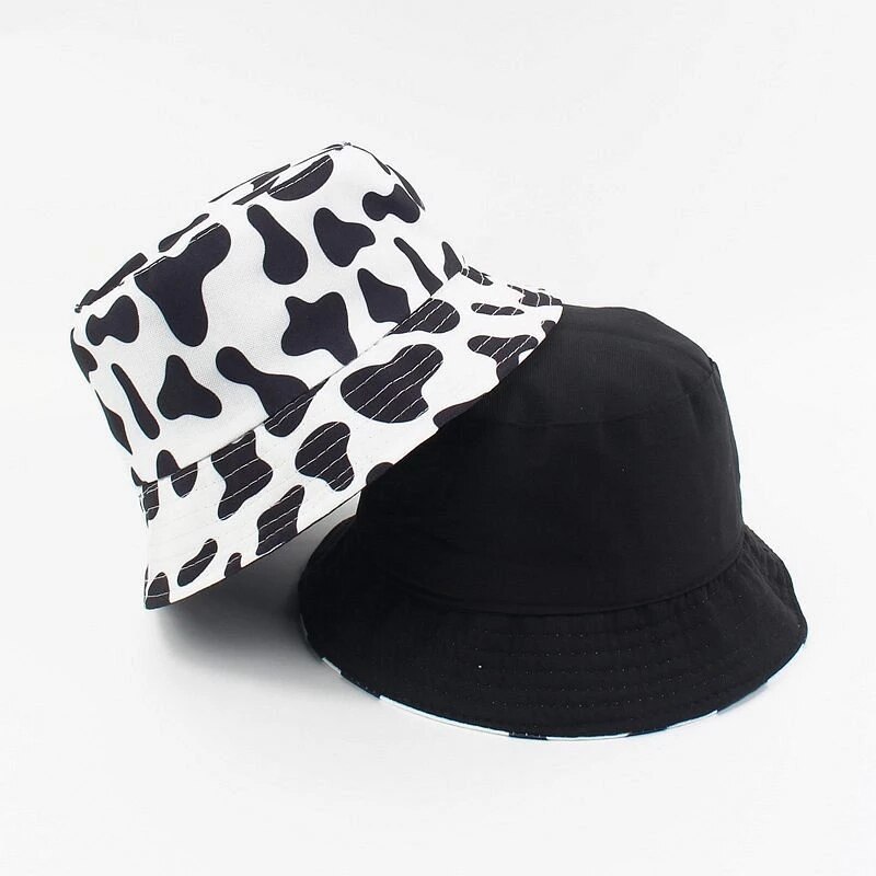 Panama Emmer Hoed Mannen Vrouwen Zomer Emmer Cap Banana Print Geel Bob Hoed Hip Hop Gorros Vissen Visser Hoed: cow black