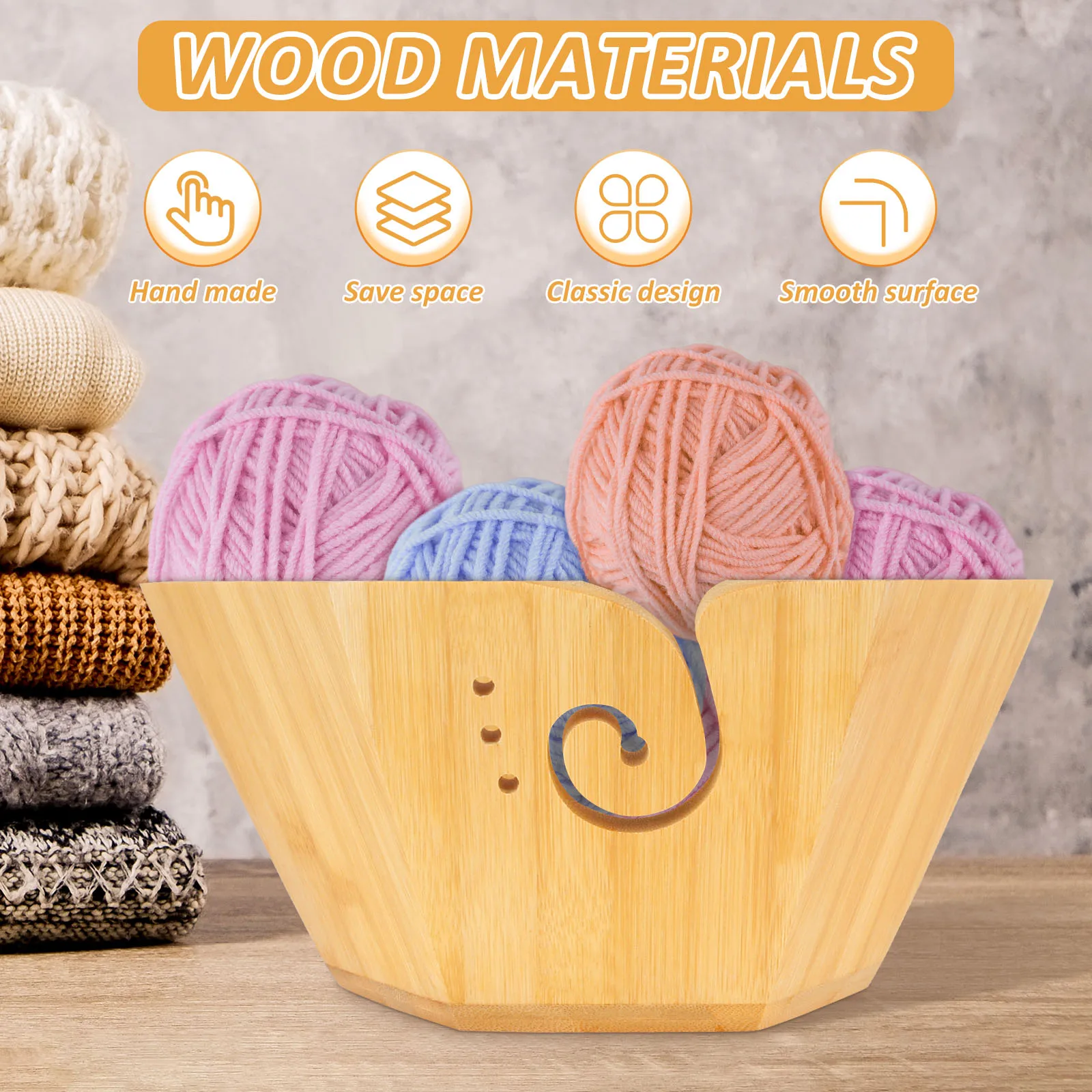 Wood Yarn Bowl Knitting Storage Basket Wool Wire Holder Organizer Knitting Crochet Weave Tool Storage Bowl with Manage Wire Hole