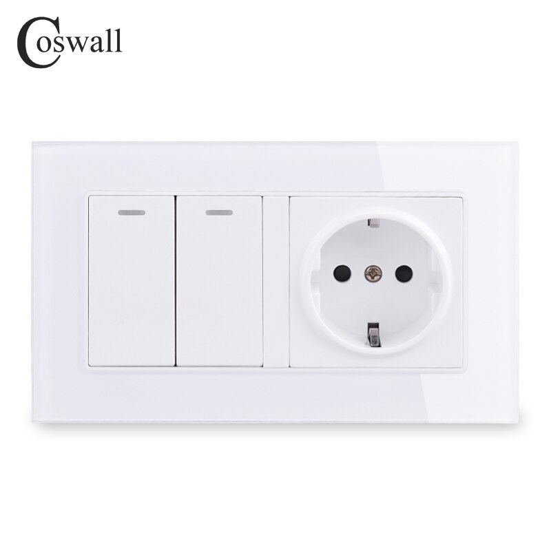 Marco de cristal COSWALL Rusia España enchufe de pared estándar de la UE a tierra + 2 Gang 1 Way interruptor de luz de encendido/apagado 146*86mm: White