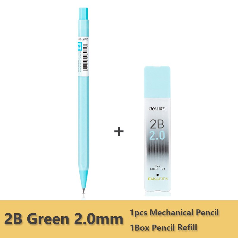 Deli Mechanical Pencil 2.0mm lead HB 2B Drawing Writing Activity Pencils led pencils for school With lead pencil knife: 2B Green