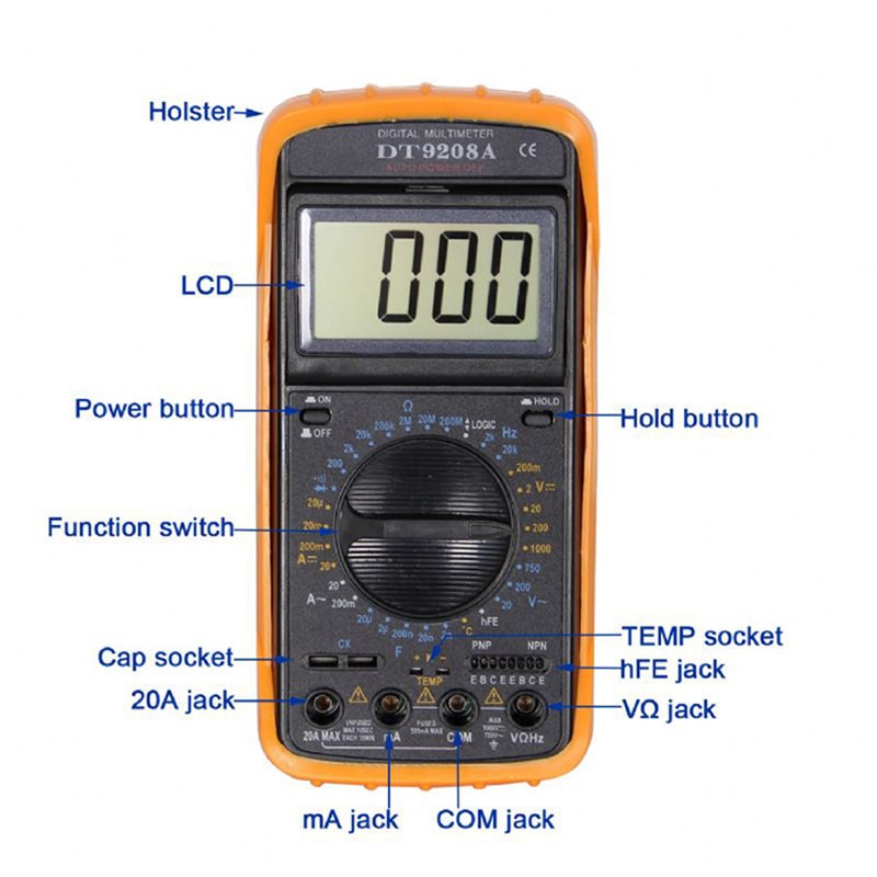 DT9208A Portable Multimeter LCD Digital Multimeter Ammeter Voltmeter Resistance Capacitance Testmeter Handheld