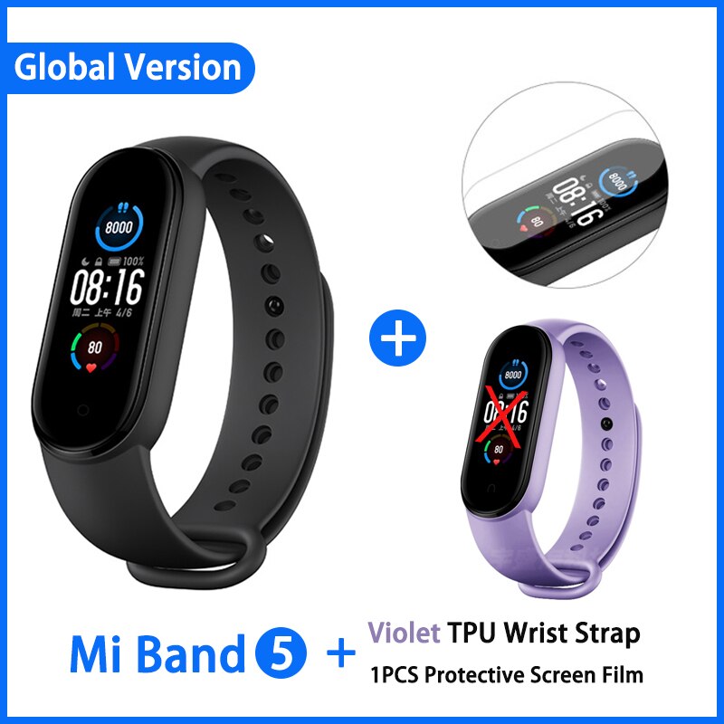 Xiaomi Mi Band 5 Smart Armband 4 Kleur Amoled Screen Miband 5 Smartband Fitness Traker Bluetooth Sport Waterdichte Slimme Band: GN add Purple film