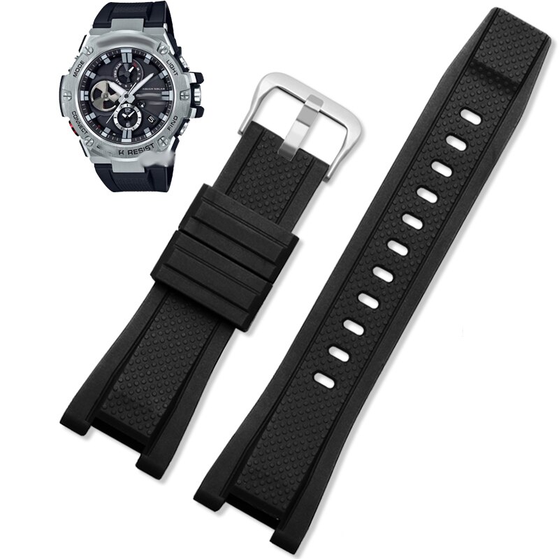 Gummi klokkerem for c-asio g-shock gst -210/w300/400g/b100 vanntett silikon stropper tilbehør 26*14mm: Svart-sølv lås